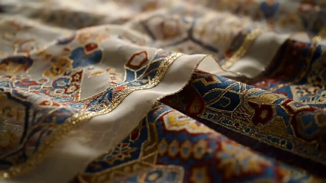 Intricate patterned fabric with ornate designs and luxurious texture.