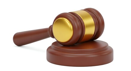 Wooden Gavel On A Round Stand With Golden Accent Against White Background Studio Shot