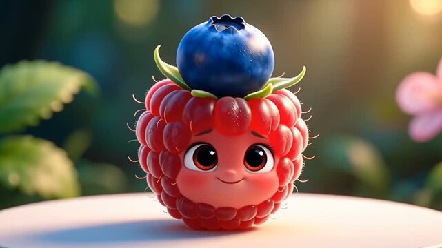 Cute Anthropomorphic Raspberry and Blueberry Character Animation, Surreal 3D Food Art, 4K