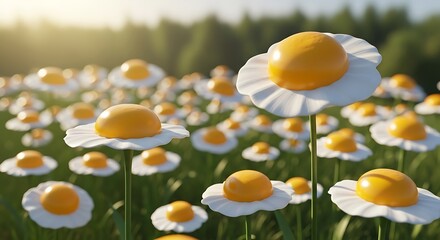 Surreal Field of Flowers with Fried Egg Centers - A Whimsical Landscape.