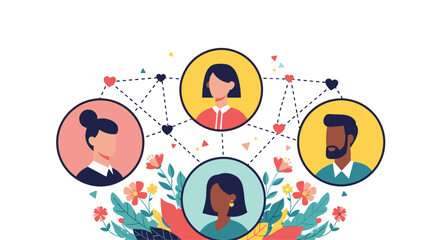 Obraz premium A social network of diverse people's profile icons connected by dotted lines and hearts symbolizing community and online relationships.