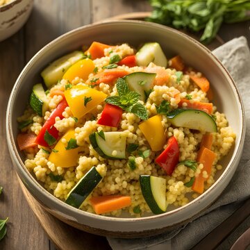 Colorful vegetable couscous bowl with fresh herbs and spices