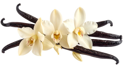 Creamy orchid blossoms nestle beside dark, fragrant vanilla beans