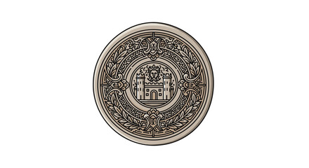 Detailed antique silver coin or medallion depicting a medieval castle and regal lion motif, encircled by intricate