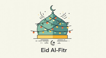 Fototapeta premium Eid al fitr celebration with decorated mosque dome and crescent moon on white background