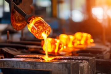 Molten Glass Pouring in Production Line at Glass Factory