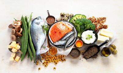 Set of foods high in vitamin D. Concept of healthy.