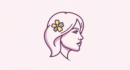 Woman's head with flower in hair profile view minimalist illustration purple outline pink background