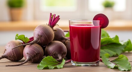 Fresh Beet Juice with Beets on Wooden Table.