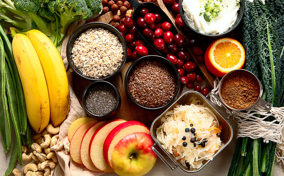Assortment of foods for healthy gut and digestive system