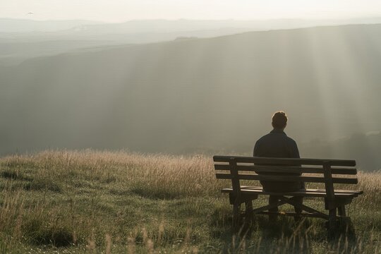 man sitting on bench, Silhouette of Boat on Foggy Lake at Sunrise 