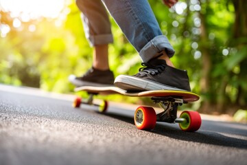 Skateboarder Racing Downhill on a Mountain Road in Nature