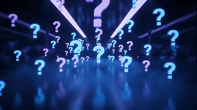 Blue Question Marks in Dark Room.