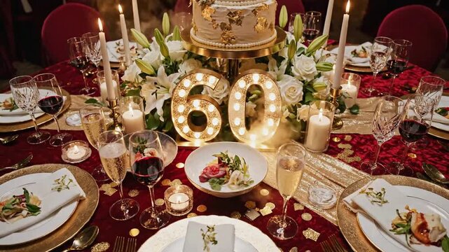 Elegant 60th Happy Birthday Celebration: Sparkling Table Setting with Cake - Candles - and Wine