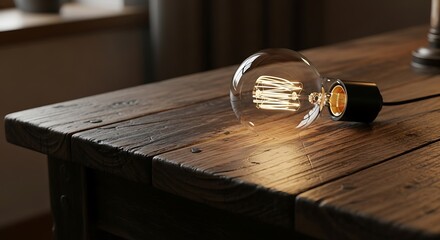 Edison bulb on rustic wooden table casting warm light.
