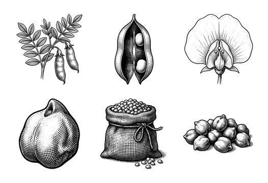 Vintage engraving collection of chickpea plant anatomy featuring seeds, flowering blossom, open pods, and harvested sack in a classic botanical line art style.