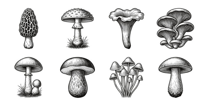 Vintage style botanical collection of mushroom illustrations in black and white woodcut engraving line art style.