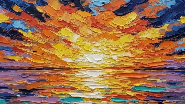 Palette Knife Sunset Impasto Sky Over Water with Abstract Coastal Art.