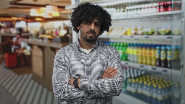 Man with arms crossed wearing checked shirt and watch in building aisle near refrigerated shelves, curly hair and beard visible; rejection.