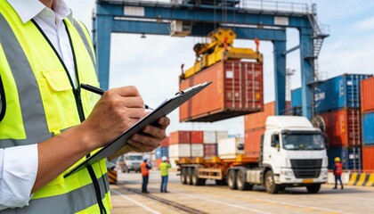 Fototapeta premium A logistics worker in a safety vest checks documents on a clipboard at a busy container terminal with cranes and trucks loading cargo.