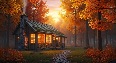Cozy Cabin Retreat in Autumn Forest at Sunset.