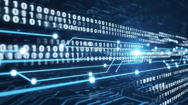 Abstract binary code flowing on circuit board technology background