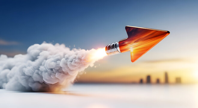 Computer mouse cursor transforming into fast rocket launching over blurred city skyline