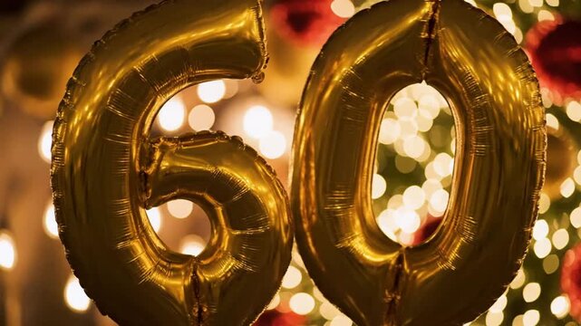 Golden 60th Happy Birthday Balloons Float with Festive Bokeh Lights