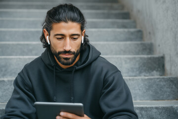 Middle eastern man in charcoal hoodie and wireless earbuds using a tablet for mobile productivity on blurred grey outdoor steps background