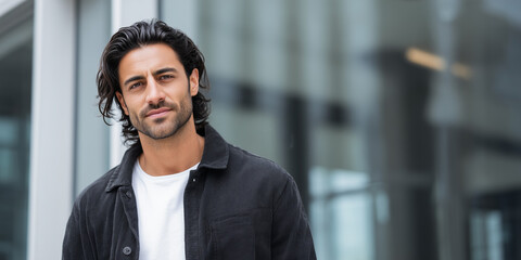 Confident Middle Eastern man in charcoal overshirt and white tee standing by a glass building fa&ccedil;ade for leadership concept against a grey reflective background.