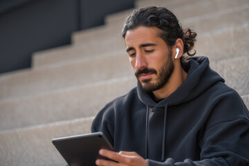 Middle eastern man in charcoal hoodie and wireless earbuds using a tablet for mobile productivity on blurred grey outdoor steps background