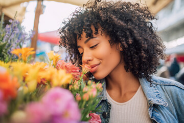 Smiling Latina woman in light blue denim jacket enjoying the scent of a colorful flower bouquet at a blurred outdoor street market stall