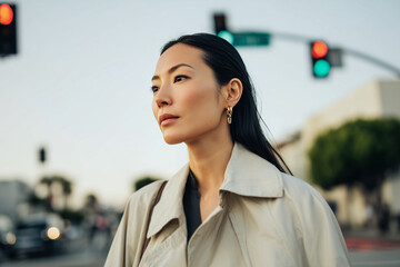Focused East Asian woman in cream trench coat waiting at a pedestrian crossing for urban patience against a blurred city background.