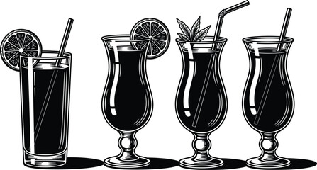 Black and white vintage engraving of tropical cocktails with citrus slices straws and mint leaves for bar menus summer party posters and restaurant graphics, © MDRAZIURRAHMAN
