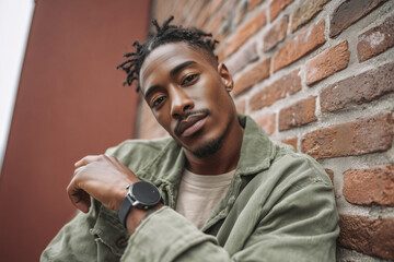 Relaxed Black man in sage green overshirt checking smartwatch for health tracking against a blurred brick wall background.