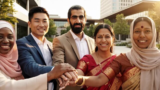 A diverse group of people of different ethnicities and religions stand together in solidarity. video