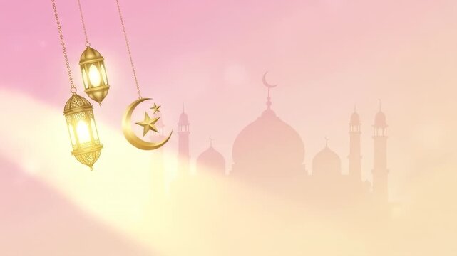 Ramadans Glow Golden Lanterns  Mosque Silhouette on dreamy pink background.