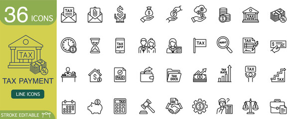 Vector set of tax payment line icons showing finance and money concepts. Collection features business accounting symbols like bank building and dollar coin. Design looks professional and clean