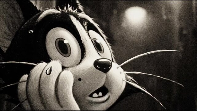 Close-up of a shocked animated cat with wide eyes and whiskers, sepia toned, cinematic lighting, dramatic expression, vintage cartoon style