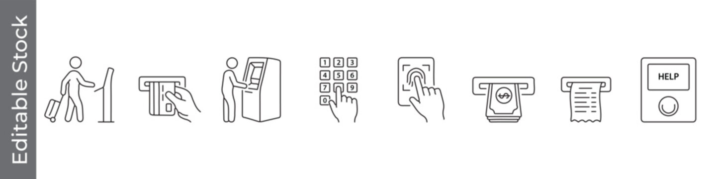 ATM booth, atm machine and banking machine icon set &ndash; editable outline symbols of card insertion, PIN pad, cash withdrawal, receipt and help button