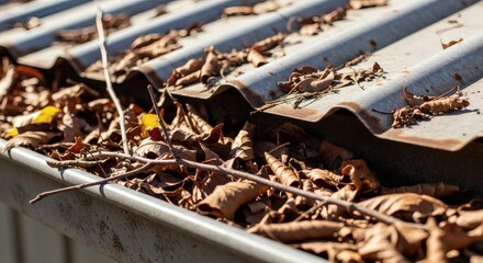 Autumns Rooftop Debris Leaves Clogging Gutter in Fall Season.