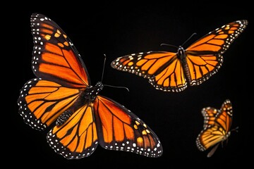 Obraz premium A beautiful monarch butterfly with delicate orange wings rests in a macro close-up isolated against a solid black background