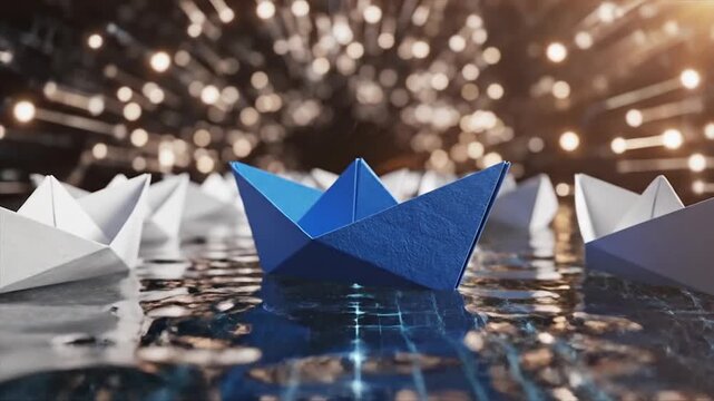Blue paper boat leads white boats in water with bokeh lights.