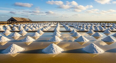 Obraz premium Rows of harvested salt pyramids reflecting in shallow evaporation ponds at traditional salt farm