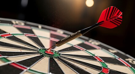 Dart hitting the bullseye on a dartboard close-up shot.