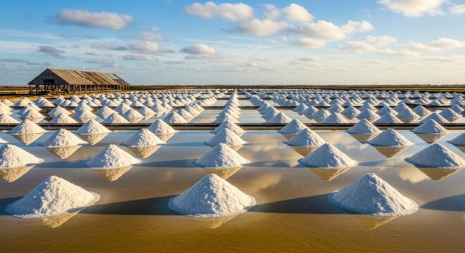 Rows of harvested salt pyramids reflecting in shallow evaporation ponds at traditional salt farm