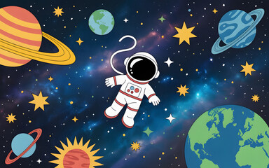 Naklejka premium Whimsical Space Photoshoot Backdrop with Floating Astronaut, Planets, Stars, and Earth Creating an Adventurous Cosmic Scene