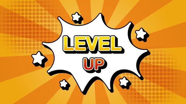 level up text word lettering popup comic cartoon reveal with bomb and smoke explosion manga anime book page dots with radial speed lines doodle orange background with seamless loop animation retro