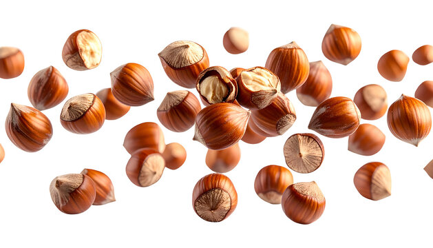 Close-up of levitating hazelnuts against a black background
