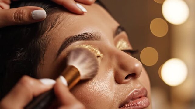 Woman receiving professional makeup application with gold eyeshadow in a luxurious setting